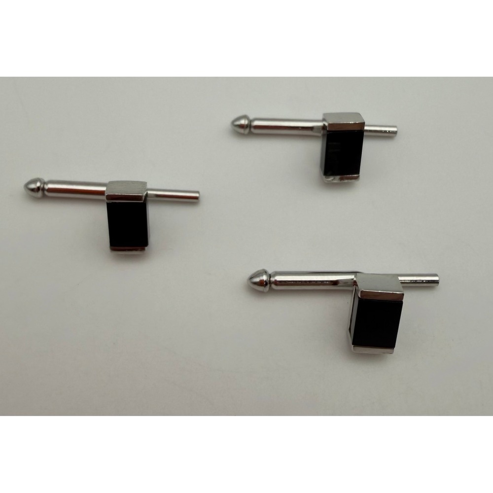 Vintage Black Stone Silver Tone Tuxedo Shirt Studs Set of 3 Formal Q010